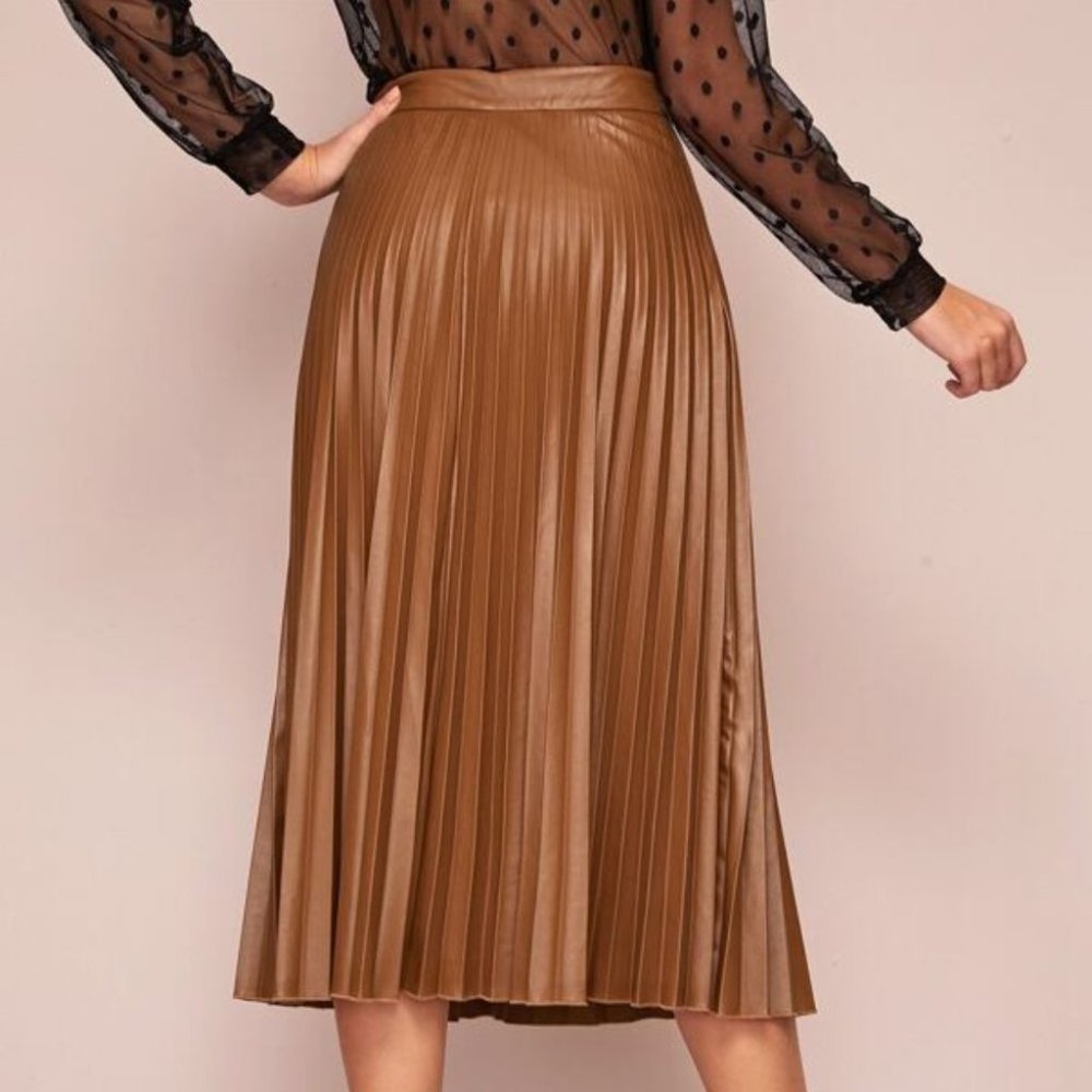 Contemporary Camel vegan leather pleated midi skir - Picture 3 of 6
